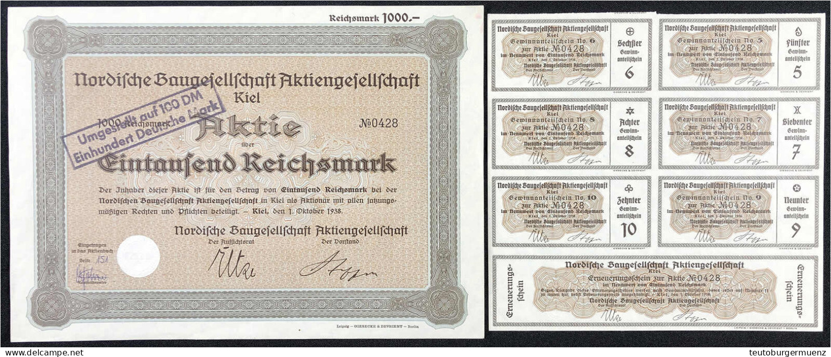 Aktie über 1000 Reichsmark, Kiel 1. Okt. 1938. Nordische Baugesellschaft AG. Mit Umstellungsstempel Auf 100 DM. Mit Coup - Sonstige & Ohne Zuordnung