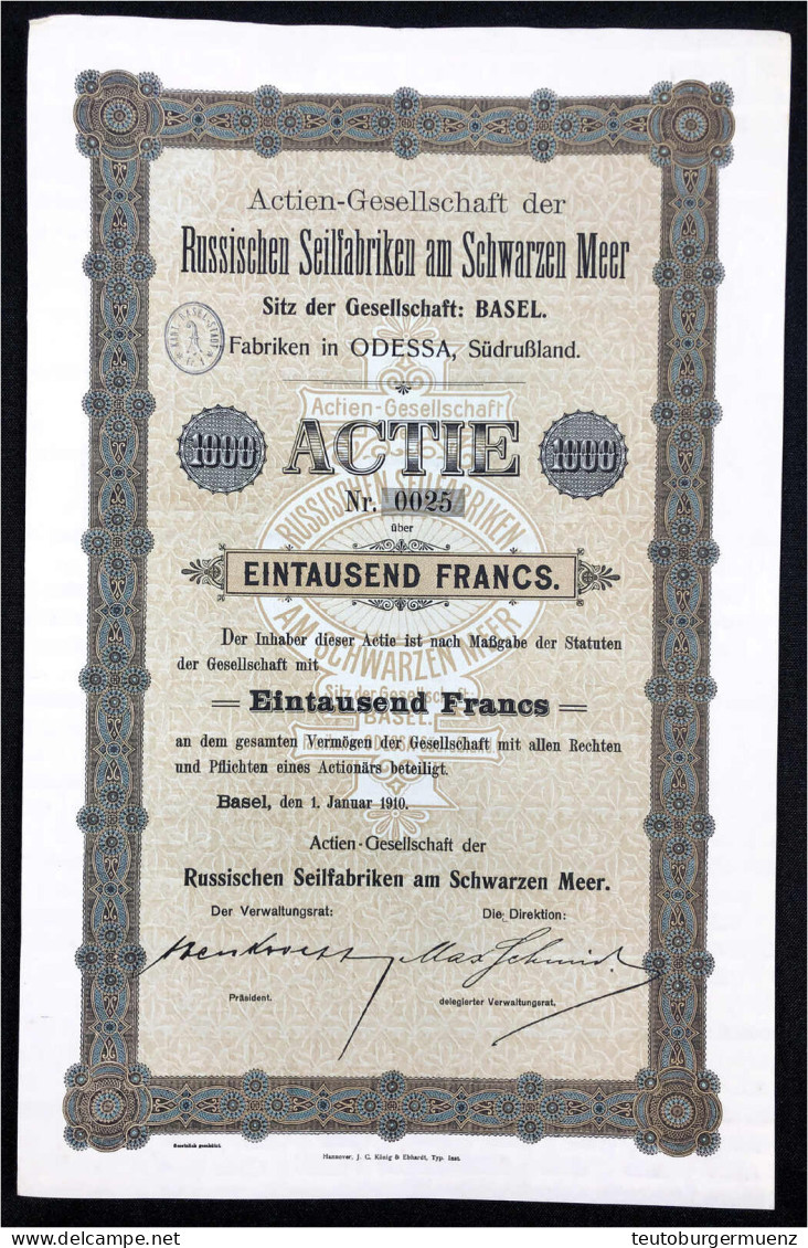 Aktie über 1000 Francs, Basel 1. Januar 1910. Actien-Gesellschaft Der Russischen Seilfabriken Am Schwarzen Meer In Odess - Autres & Non Classés