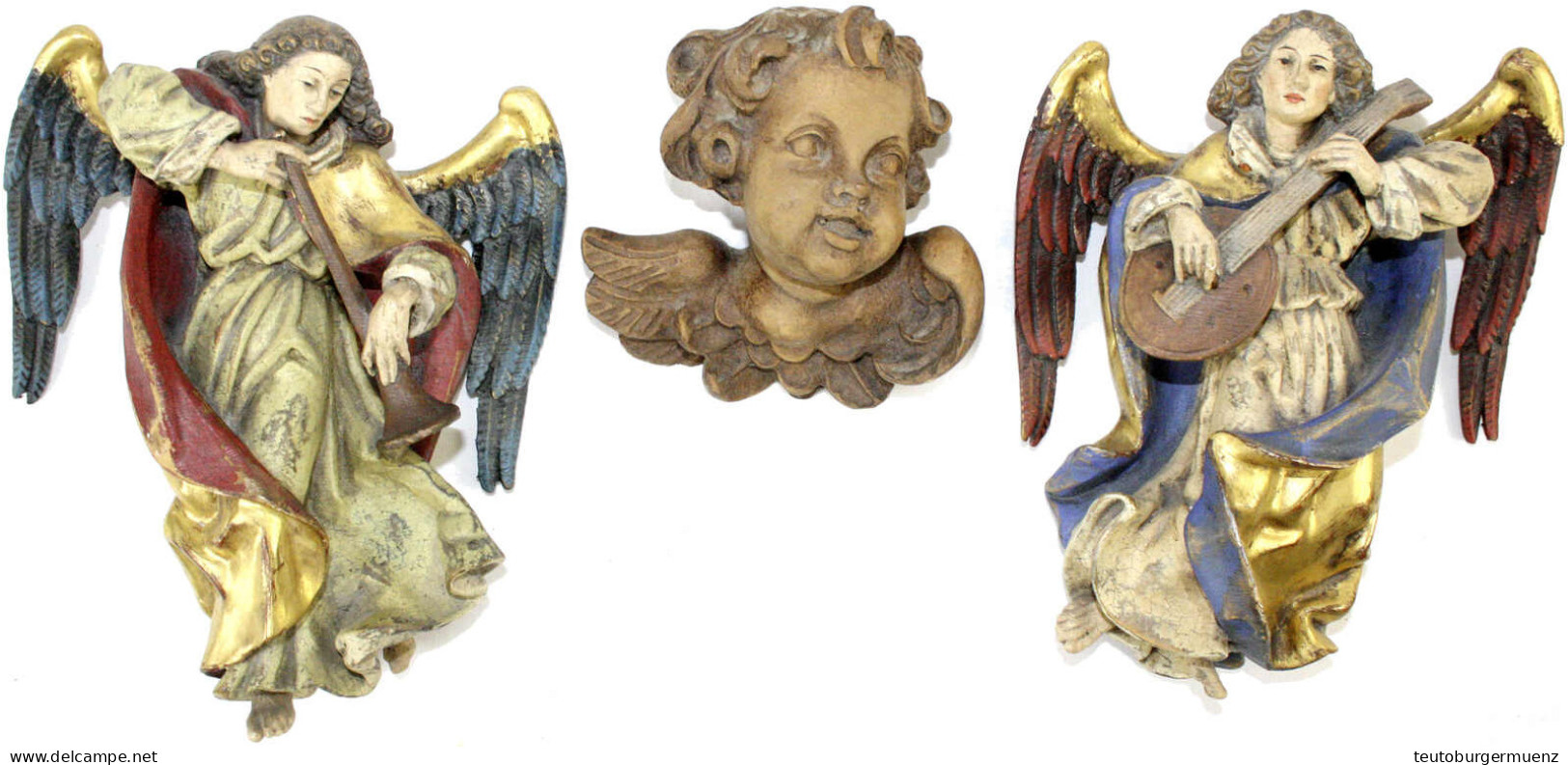 3 Holzfiguren: Paar Engel Mit Fanfare Und Laute, Farbig Gefasst. Gefertigt Von W. Bacher Bei Der Firma Anri In Ortisei,  - Art Religieux