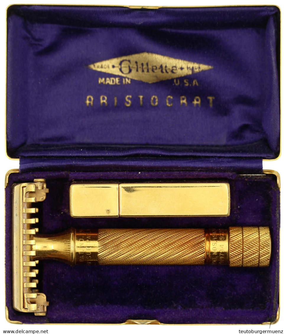 Rasierhobel Gillette Aristocrat. In Vergoldeter Metall-Box Inkl. Lederschutzhülle, Breite 8,5 Cm, Höhe 3,2 Cm, Tiefe 5 C - Otros & Sin Clasificación