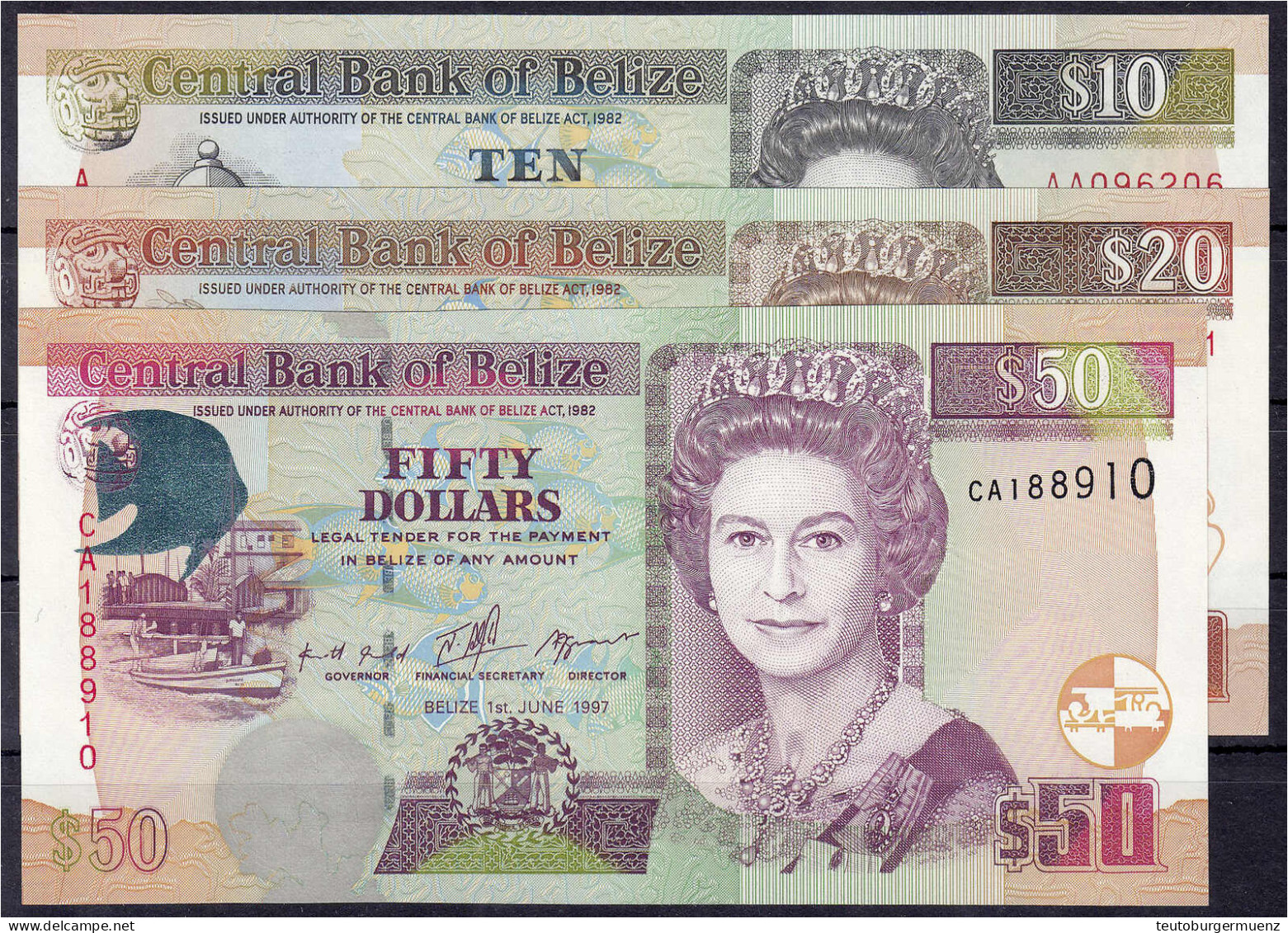 10, 20 U. 50 Dollar 1990 U. 1997. Pick 54a, 55, 64a. - Belize