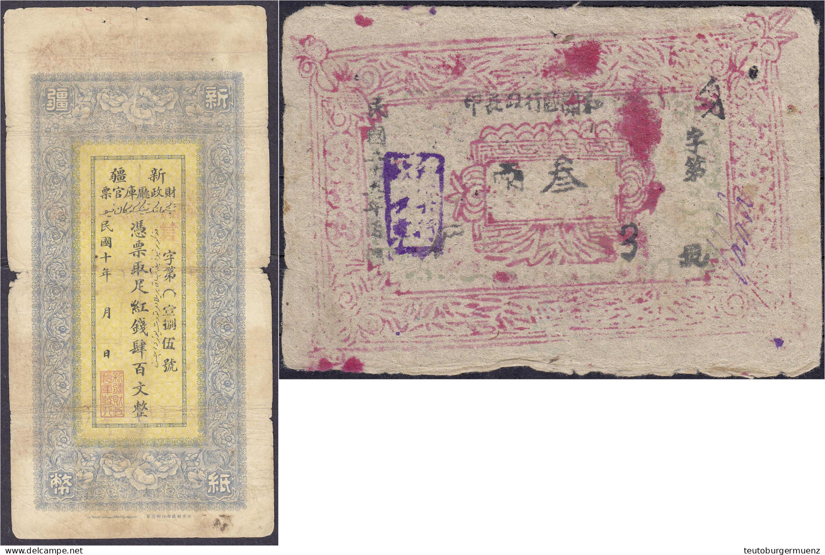 Sinkiang, 3 Taels 1937 U. 400 Cash 1921. IV. Pick S1737 U. S1825. - China