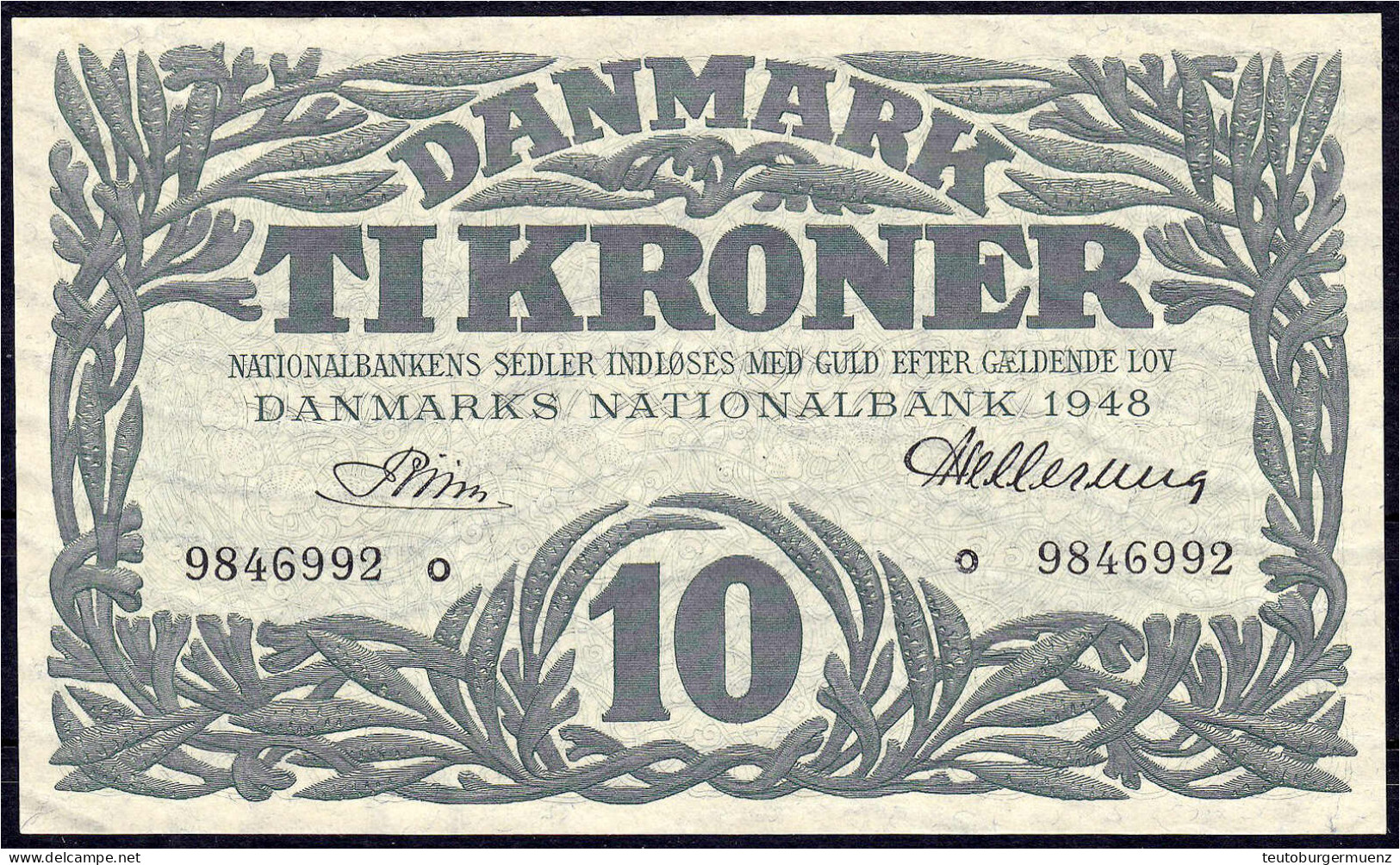 10 Kroner 1948. KN. O 9846992, Unterschrift Links Riim. I- Pick 37j. - Denemarken