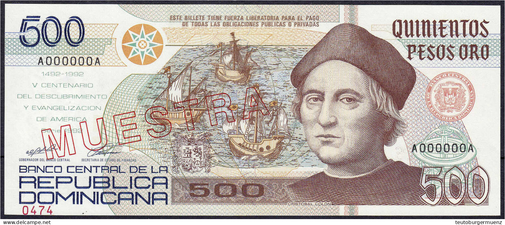 500 Pesos Oro 1992. Roter Überdruck „MUESTRA“. I. Pick 140 S2. - Dominicaanse Republiek