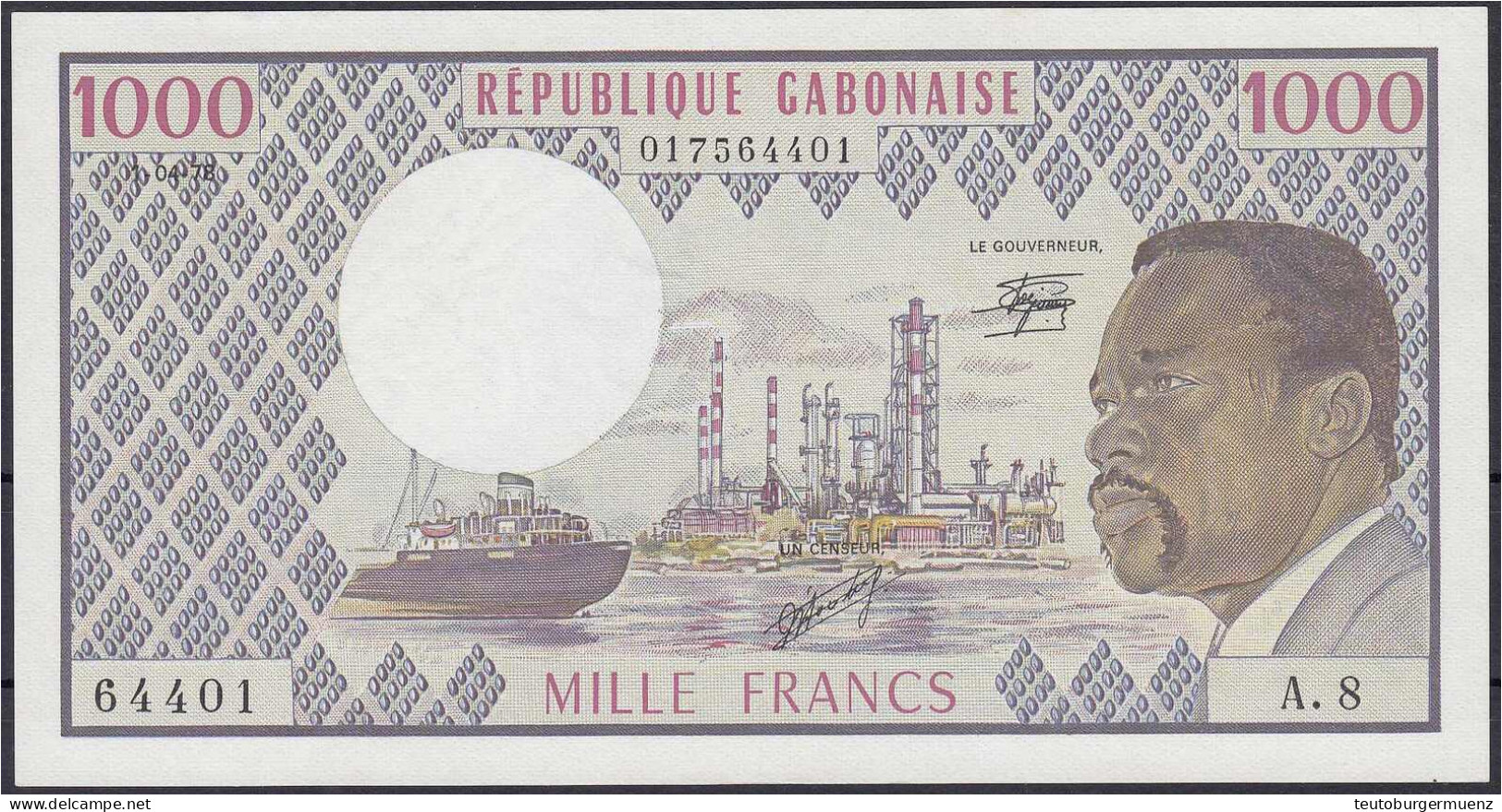 1000 Francs 1.4.1978. Le Gouverneur / Un Censeur. II+ Pick 3d. - Gabon