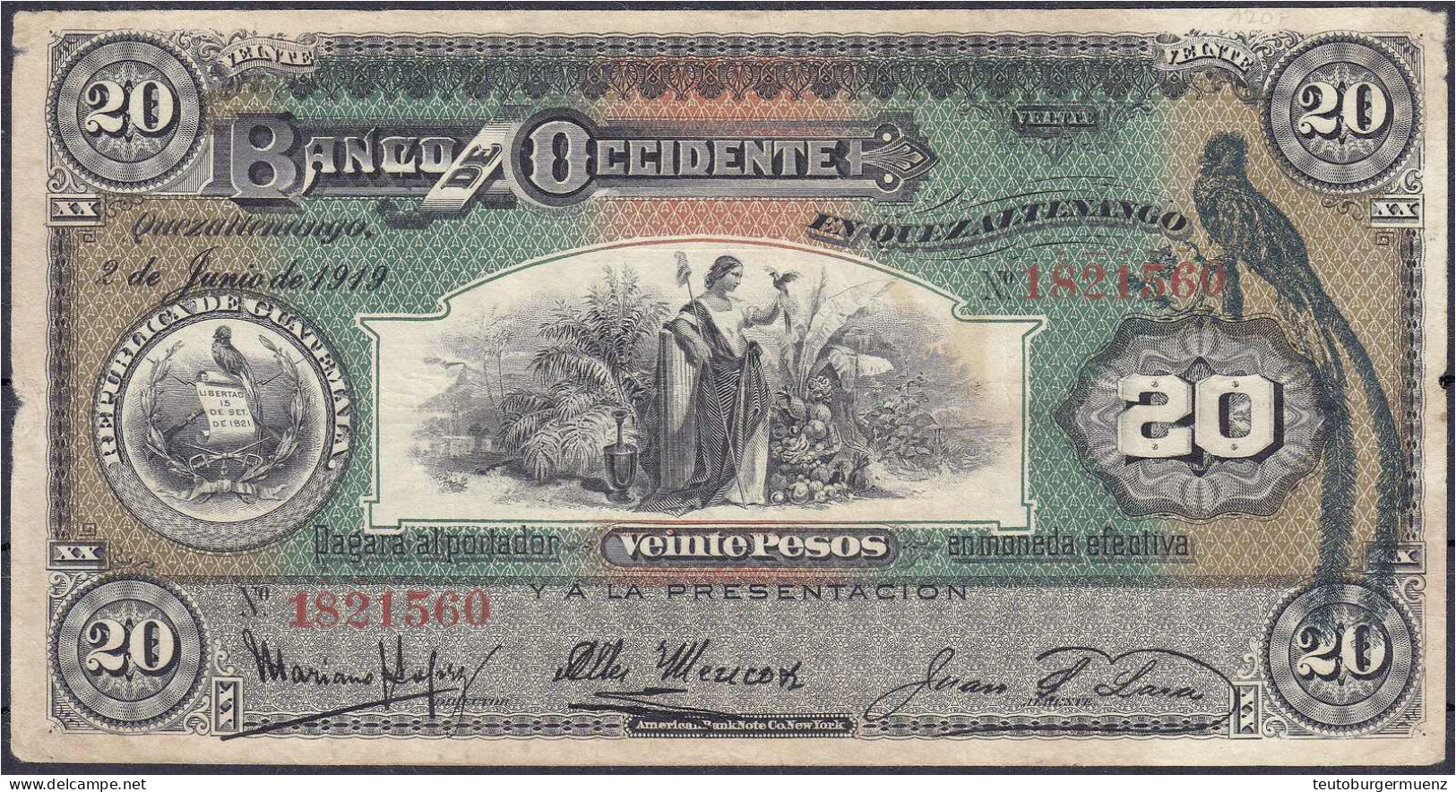 20 Pesos 2.6.1919. III, Kl. Fehlstellen An Den Rändern. Pick 179a. - Guatemala