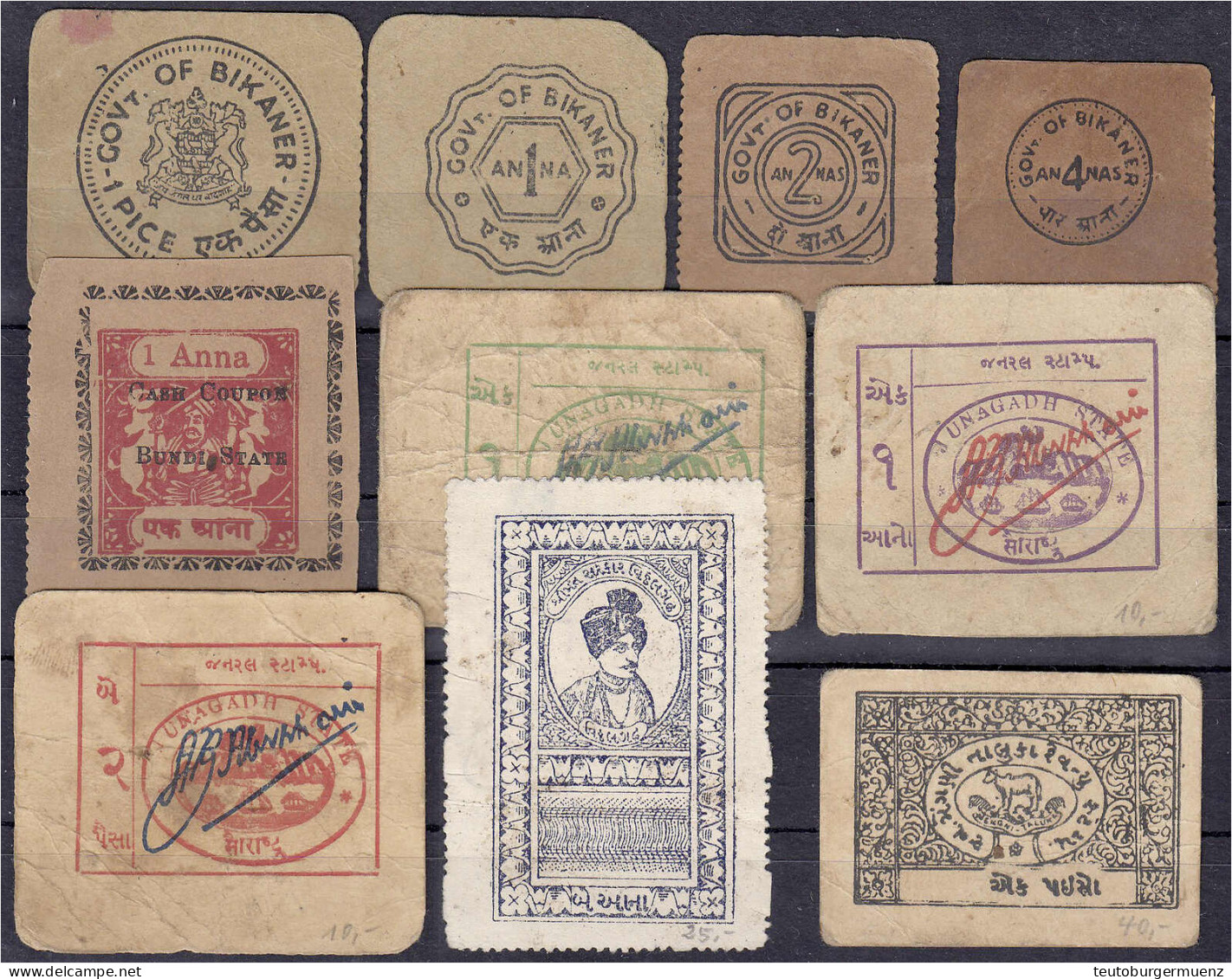 10 Verschiedene Coupons, Darunter Bikaner, Bundi, Junagadh, Kathiawar Und Vithalgadh. Unterschiedlich Erhalten - India