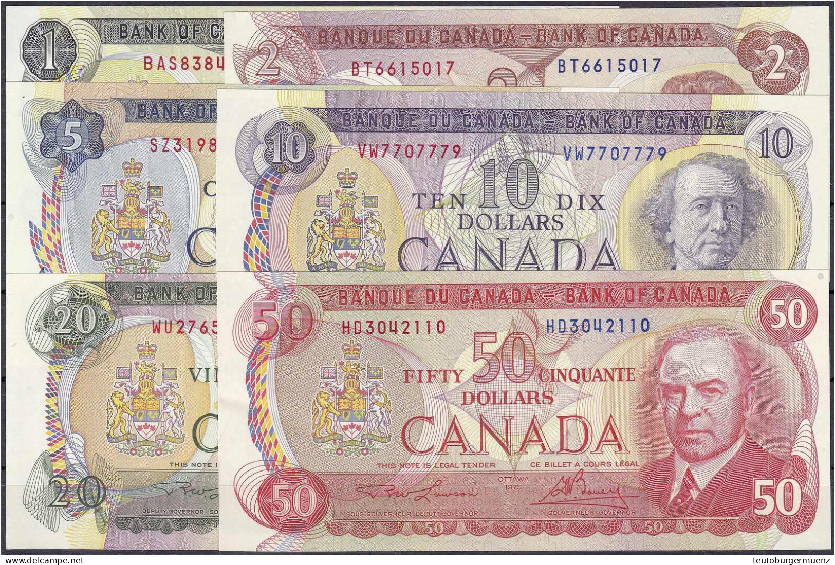 6 Scheine Zu 1, 2, 5, 10, 20 U. 50 Dollars 1969-79. I / I- Pick 85, 86, 87, 88, 89, 90. - Canada