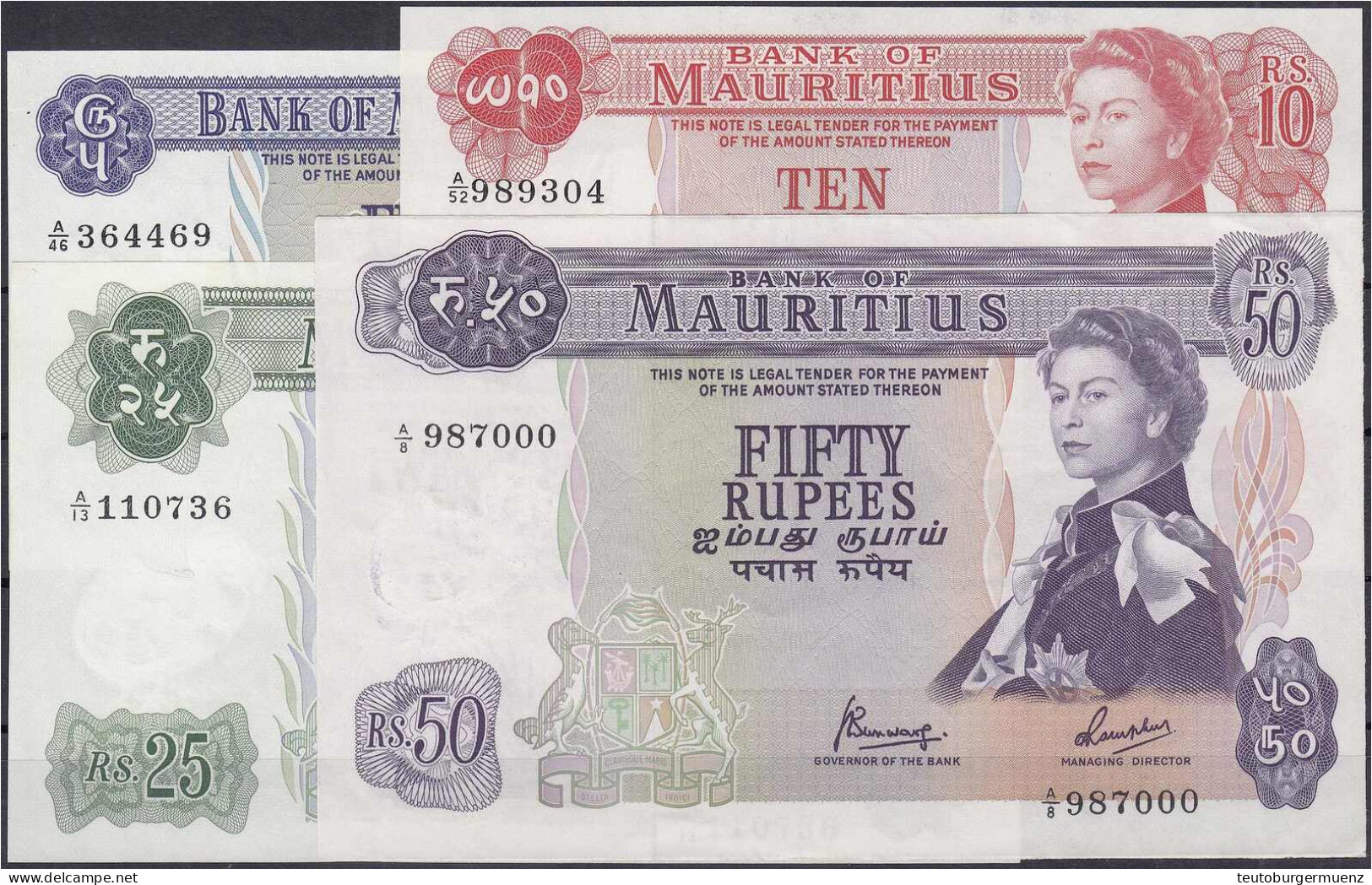 Britische Verwaltung, 4 Scheine Zu 5, 10, 25 Und 50 Rupien O.D. (1967). I Bis I- Pick 30, 31, 32, 33. - Mauritius