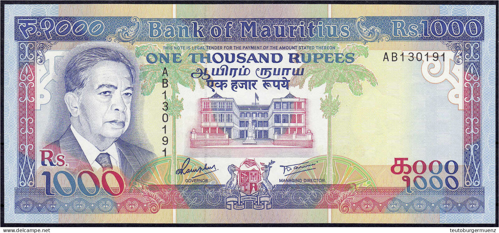 1000 Rupees O.D. (1991). I. Pick 41. - Mauritius