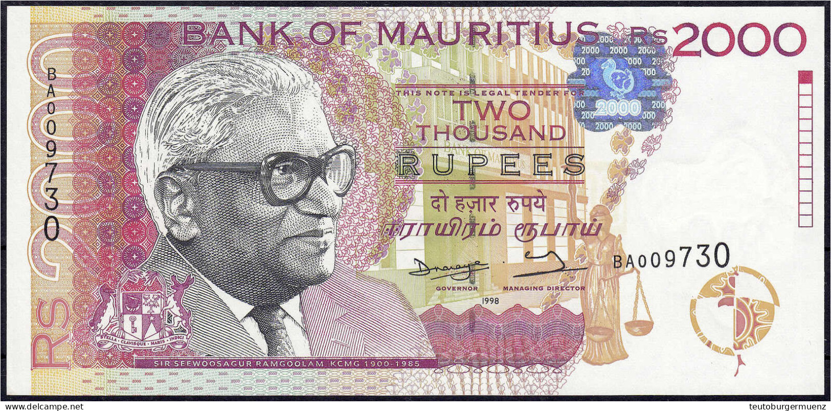 2000 Rupees 1998. I. Pick 48. - Mauricio