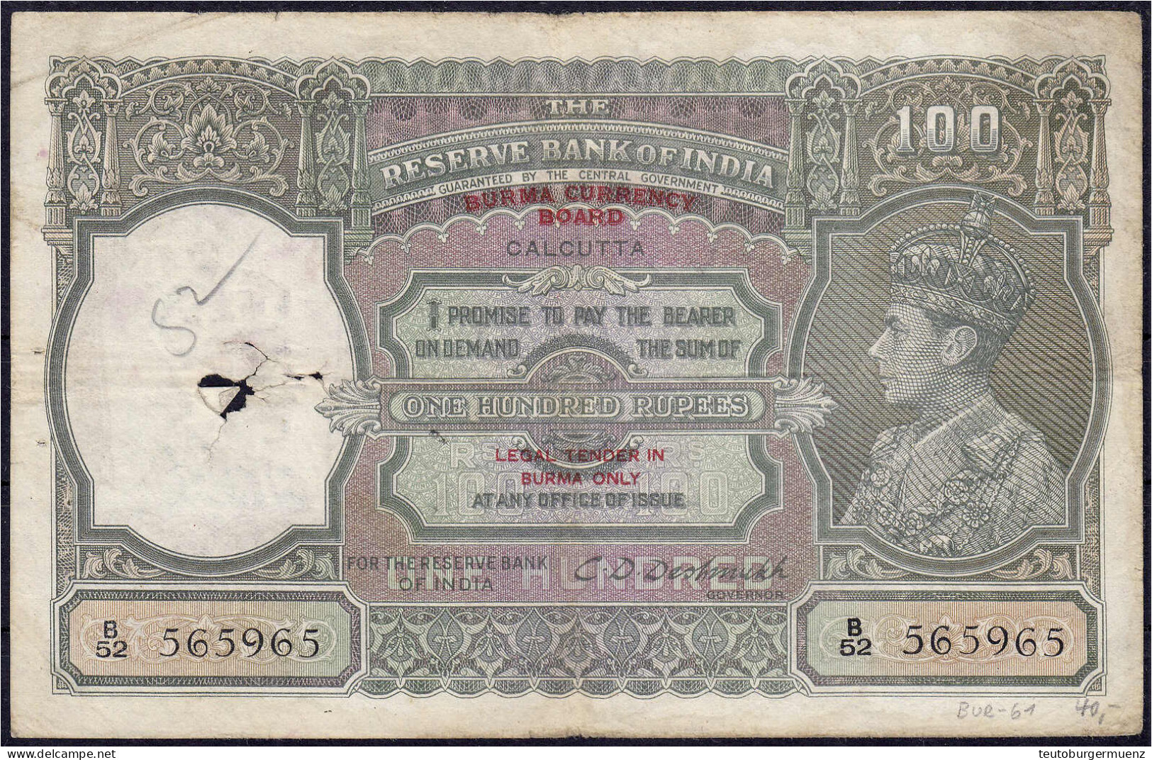 Reservebank Von Indien, 100 Rupien O.D. (1947). III-IV, Fehlstelle U. Nadelstiche. Pick 33. - Myanmar