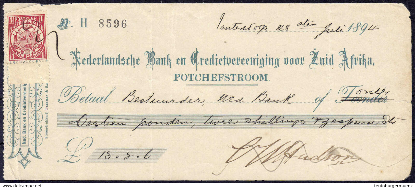 Niederländische Bank Und Kreditvereinigung Von Südafrika, Scheck Zu 13 Pounds / 2 Shillings / 3 Pence 28.7.1894. III, Kl - Autres & Non Classés