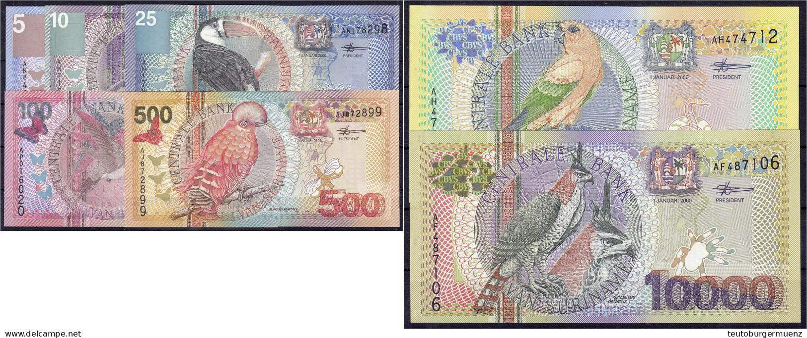 Vögel, Serie Mit Insgesamt 7 Scheinen Von 5 Gulden Bis 10000 Gulden 1.1.2000. I Bis II. Pick 146, 147, 148, 149, 150, 15 - Suriname