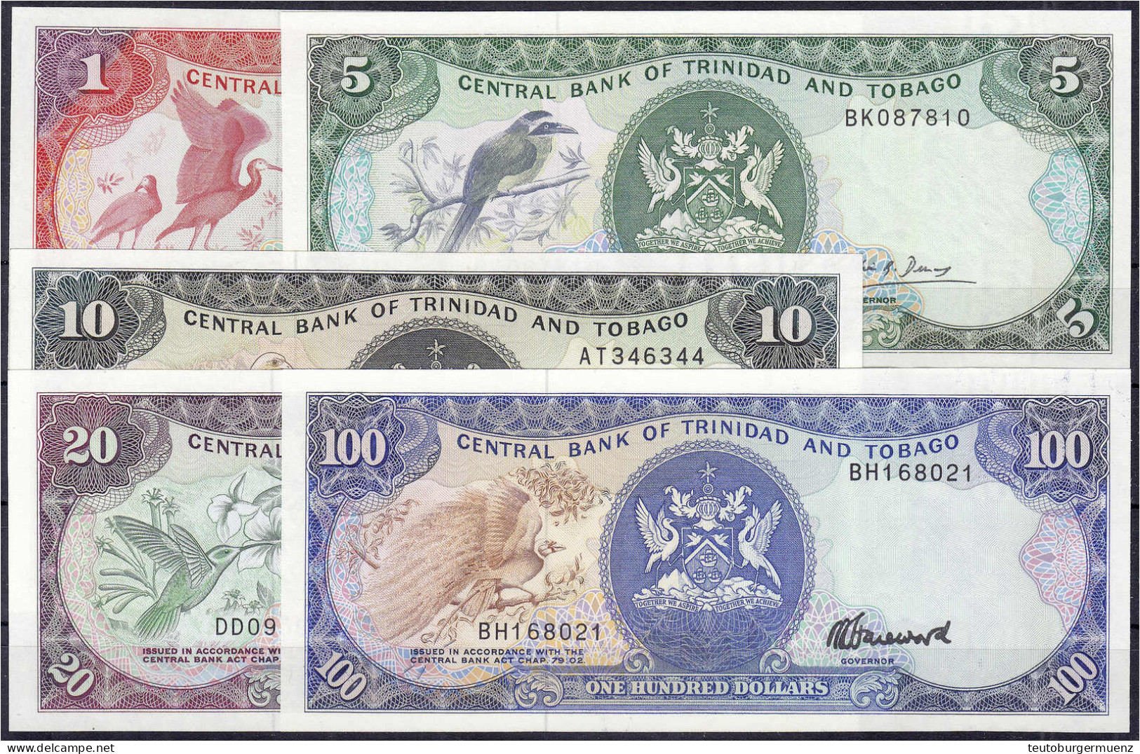 5 Scheine Zu 1, 5, 10, 20 U. 100 Dollar O.D. (1985). I. Pick 36-40. - Trinidad & Tobago