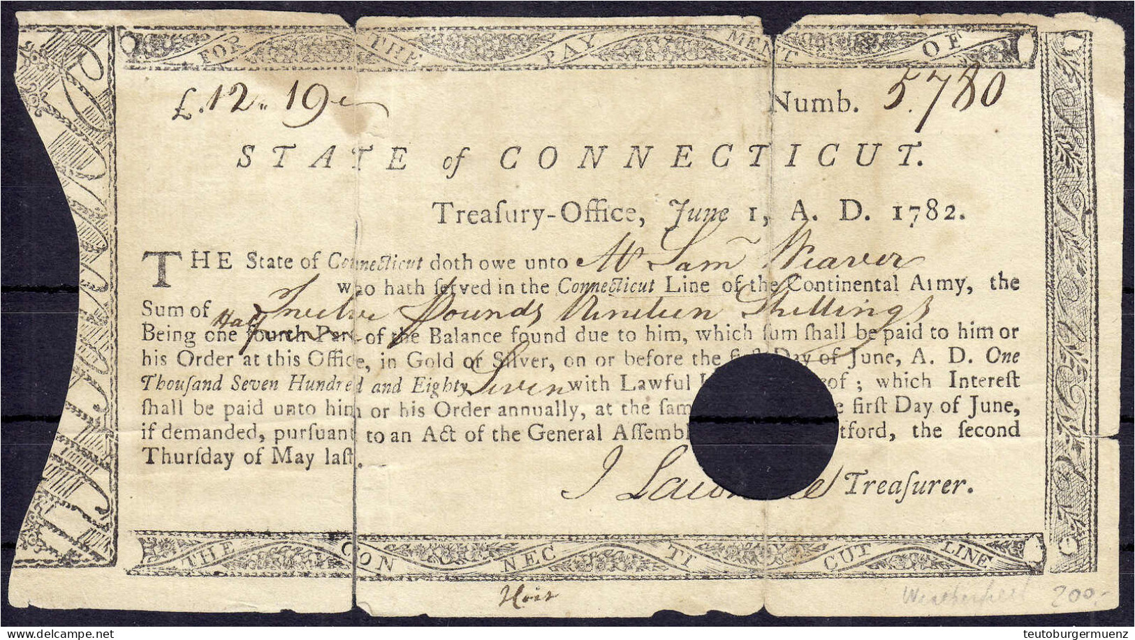 State Of Connecticut, 12 Pounds / 19 Shillings 1782. Ausgehändigt An Einen Soldaten, Der In Der Connecticut-Linie Der Ko - Otros & Sin Clasificación