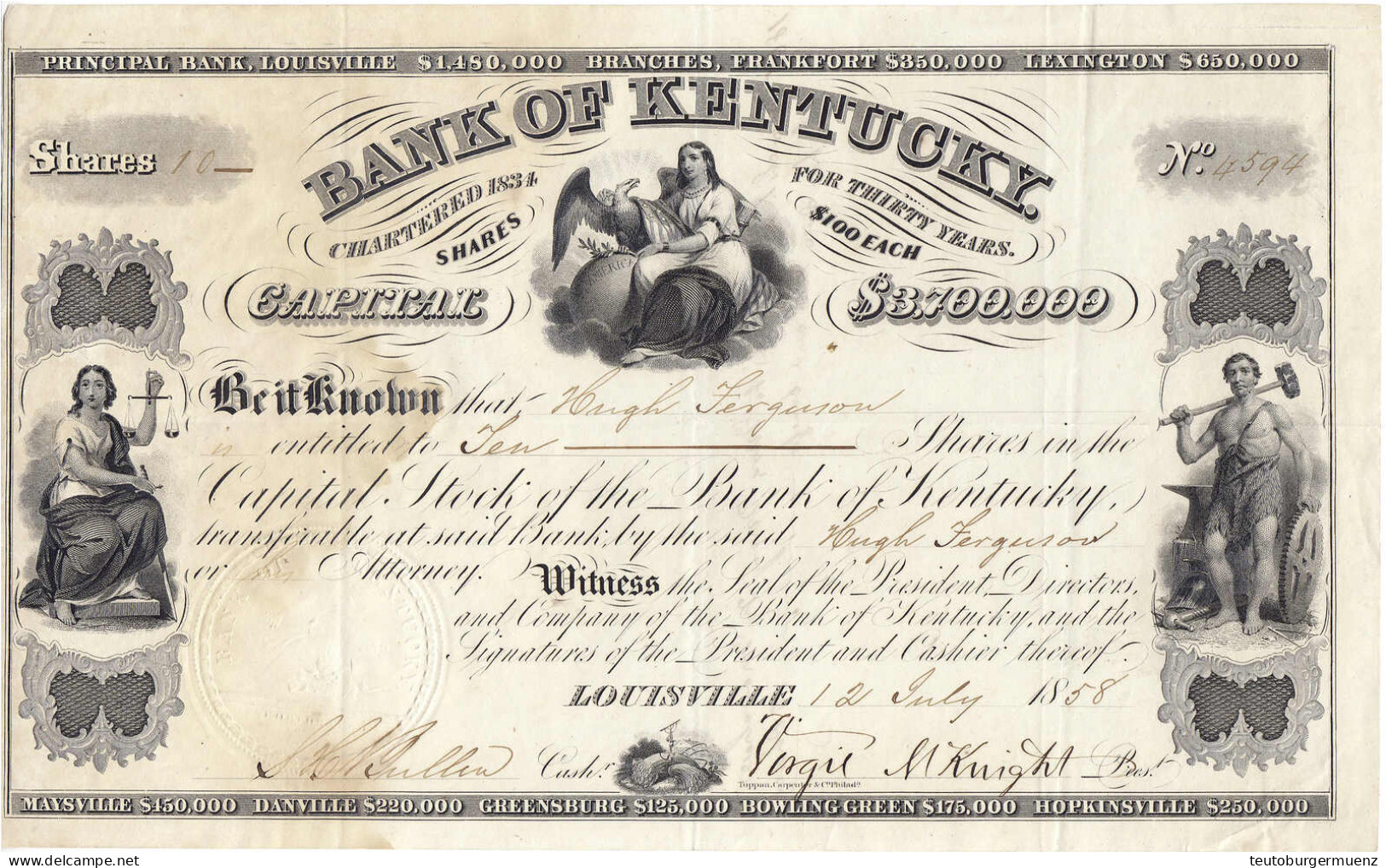 Bank Of Kentucky, Anteilschein Zu 10 Shares (= 1000 $), Louisville, 12. Juli 1858, Ausgestellt Auf Hugh Ferguson, Mit Un - Autres & Non Classés