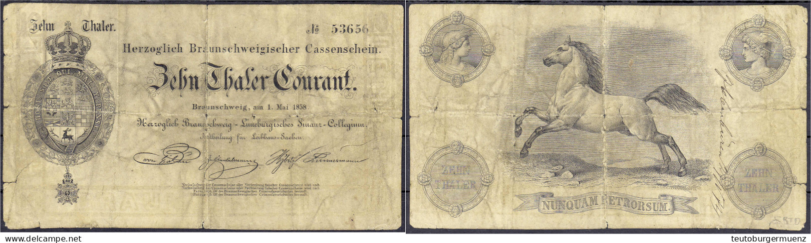 Zeitgenössische Fälschung Des 10 Thaler Scheines Der Herogl. Braunschw.-Lüneb. Finanz-Collegium Abt. Für Leihaus-Sachen  - [ 1] …-1871 : Estados Alemanes