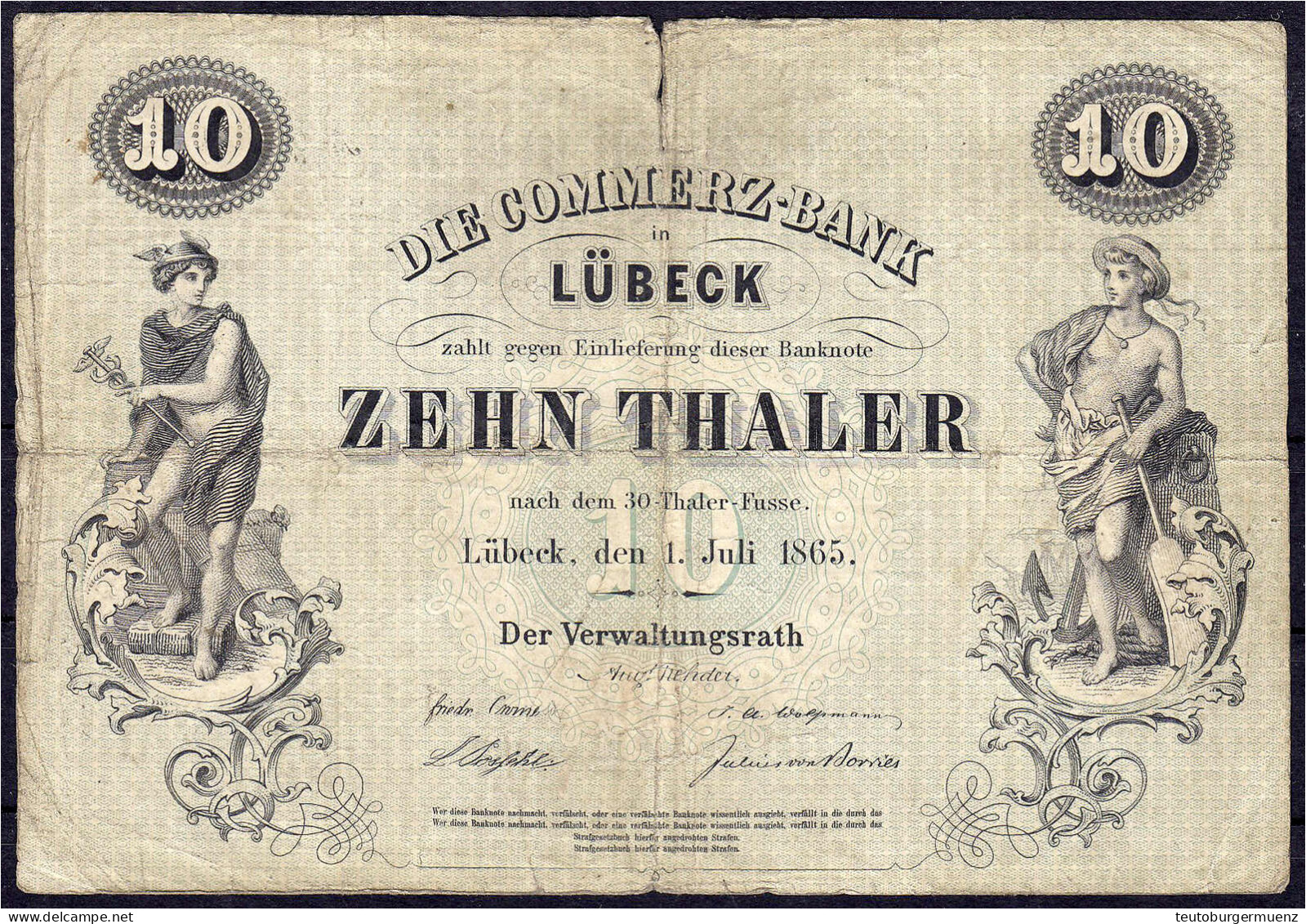 10 Thaler 1.7.1865 (1866). Commerz-Bank. Rs. Lit. A, KN. 05759. IV, Eingerissen. Grabowski/Kranz 183. Pick S311. - [ 1] …-1871 : Stati Tedeschi