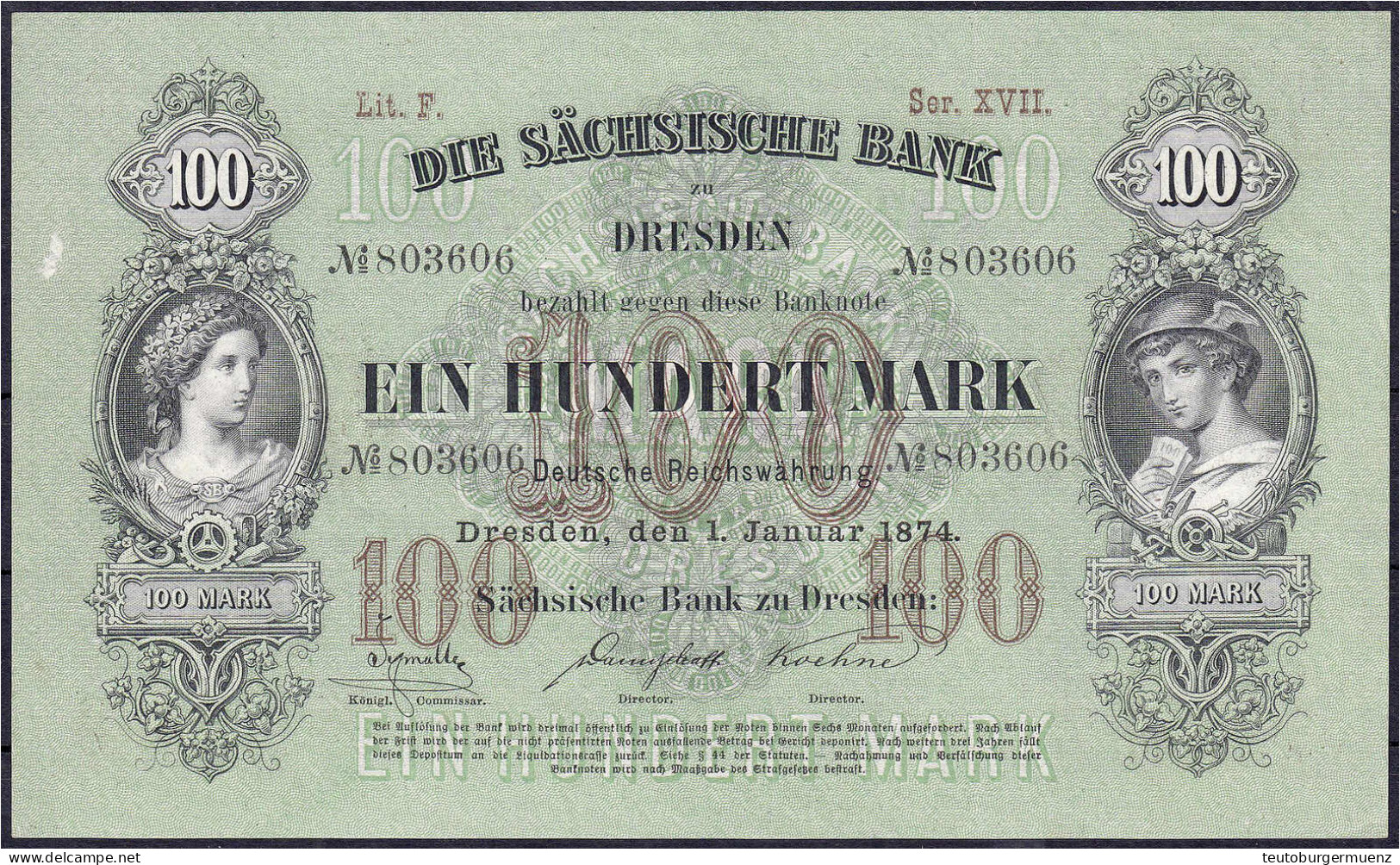 Sächsische Bank Zu Dresden, 100 Mark 1.1.1874. Ohne Handunterschriften Auf Rs., Serie XVII. II, Kl. Kleberreste Auf Der  - [ 1] …-1871 : Etats Allemands