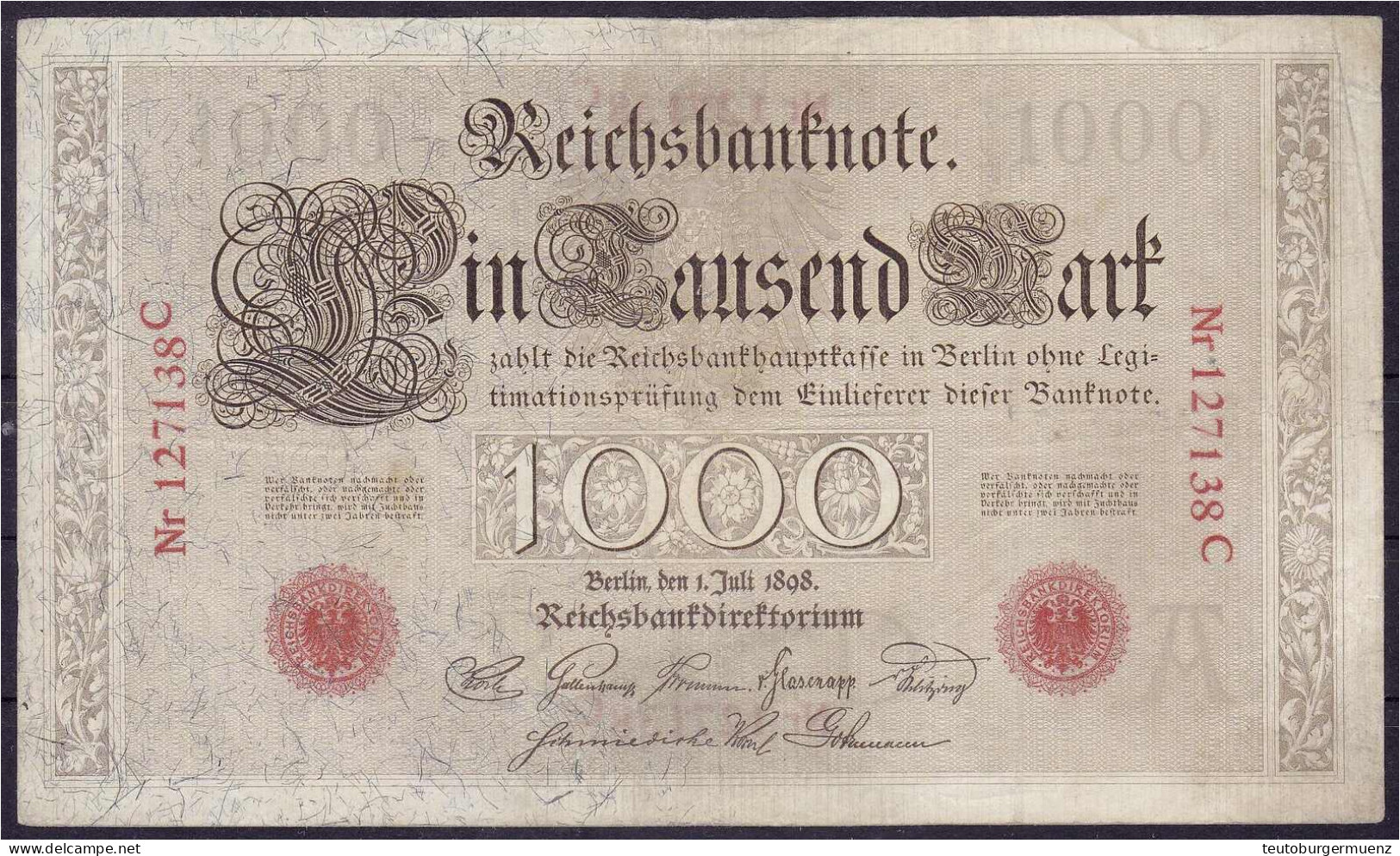 1000 Mark 1.7.1898. Serie C, Unterdruckbuchstabe A. III. Rosenberg 18. Grabowski. DEU-14. Pick 21. - Otros & Sin Clasificación