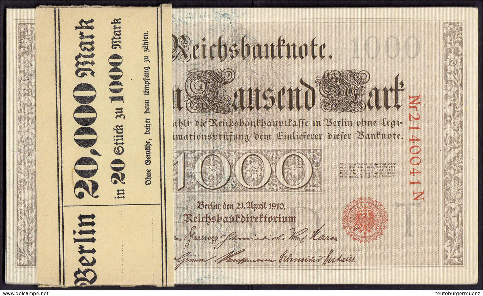 20x 1000 Reichsmark 21.4.1910. Unzirkulierte Scheine In Original Banderole, Mit Fortlaufende KN. 2140041 - 2140060. Udr. - Sonstige & Ohne Zuordnung