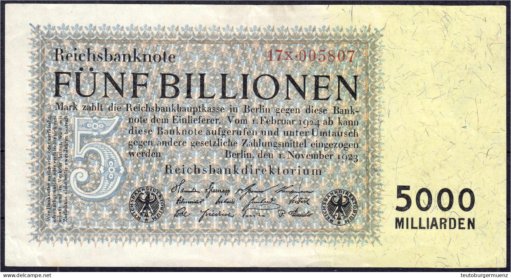 5 Bio. Mark 1.11.1923. Reichsdruck. KN 6-stellig, FZ: N. III, Selten. Rosenberg 127. Grabowski. DEU-156. Pick 130. - Otros & Sin Clasificación