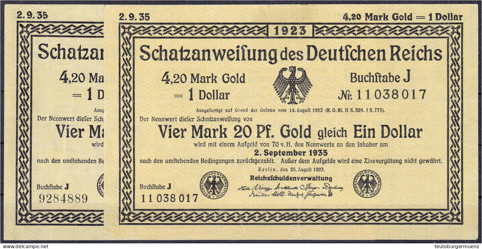 2 Ganze Schatzanweisungen Zu 4,20 Mark Gold = 1 Dollar 25.8.1923. Zwei Siegel Und Ohne Hand-Uschr. Wz. RSV-Linienmuster, - Sonstige & Ohne Zuordnung