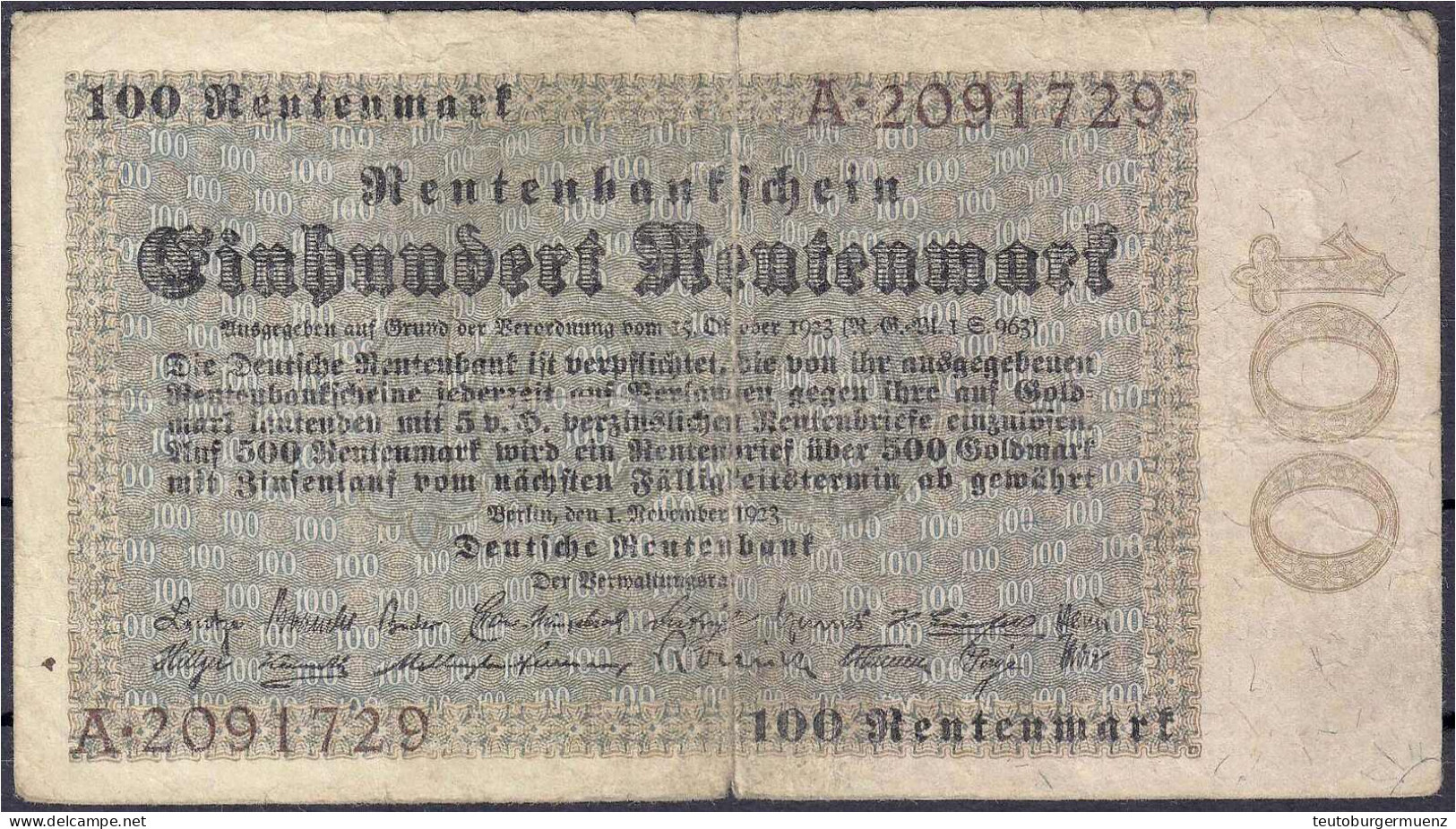 100 Rentenmark 1.11.1923. Serie A. IV. Rosenberg 159. Grabowski. DEU-204. - Autres & Non Classés