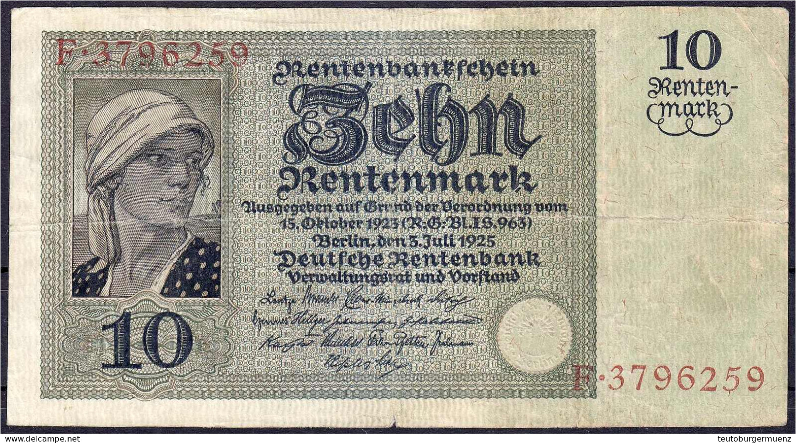 10 Rentenmark 3.7.1925. Serie F. III-IV, Kl. Einriss, Selten. Rosenberg 163. Grabowski. DEU-208. - Sonstige & Ohne Zuordnung