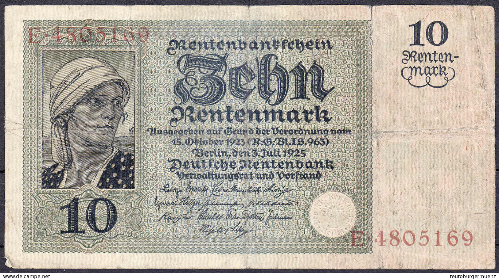 10 Rentenmark 3.7.1925. Serie E. IV, Hinterklebt, Selten. Rosenberg 163. Grabowski. DEU-208. Pick 170. - Sonstige & Ohne Zuordnung