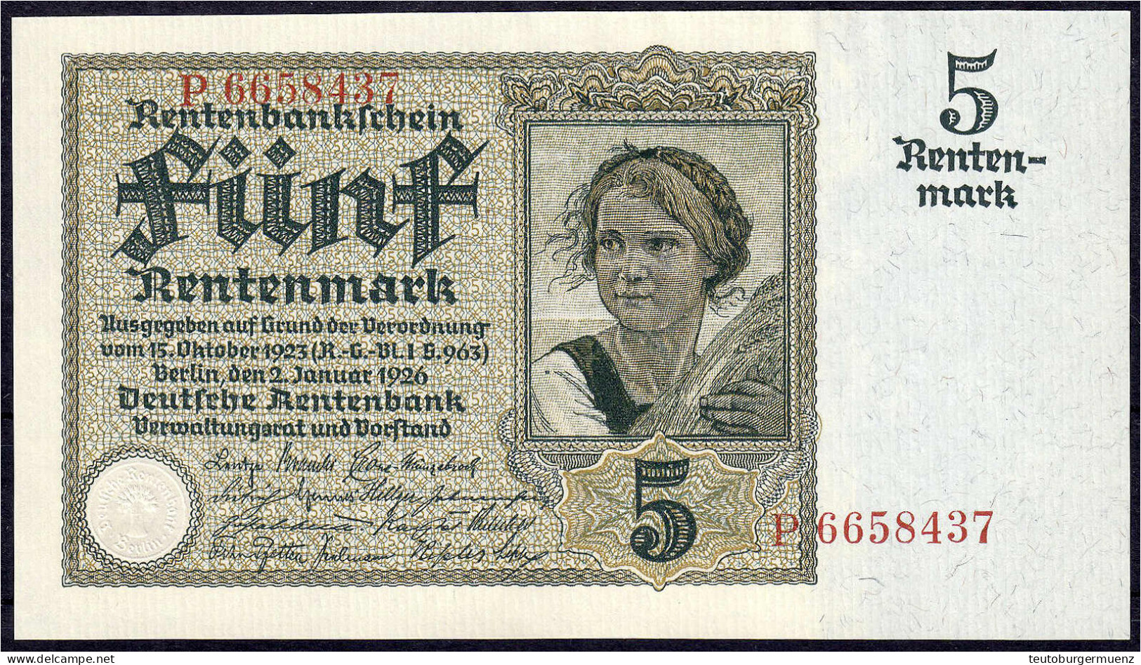 5 Rentenmark 2.1.1926. KN 7-stellig, Serie P. I, Selten. Rosenberg 164. Grabowski. DEU-209a. Pick 169. - Other & Unclassified