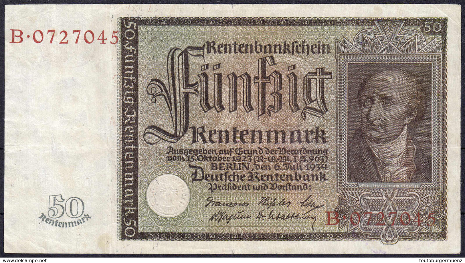 50 Rentenmark 6.7.1934. Serie B. III- Rosenberg 165. Grabowski. DEU-221. Pick 172. - Other & Unclassified