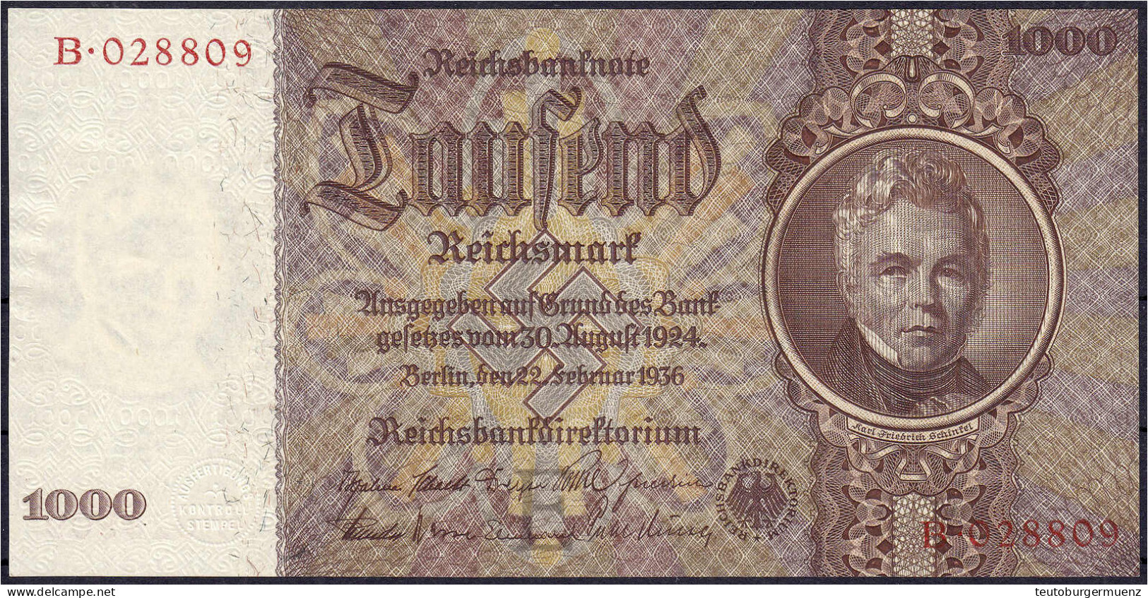1000 Reichsmark 22.2.1936. Unterdruckbuchstabe E, Serie B. I. Rosenberg 177. Grabowski. DEU-212. - Sonstige & Ohne Zuordnung