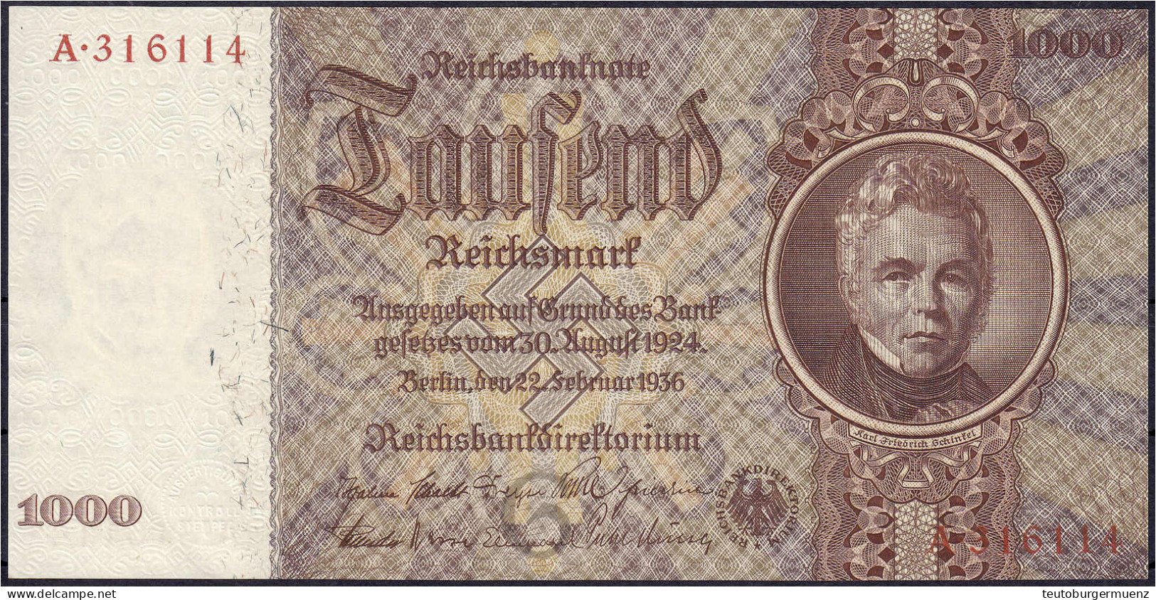 1000 Reichsmark 22.2.1936. Unterdruckbuchstabe G, Serie A. I. Rosenberg 177. Grabowski. DEU-212. - Otros & Sin Clasificación