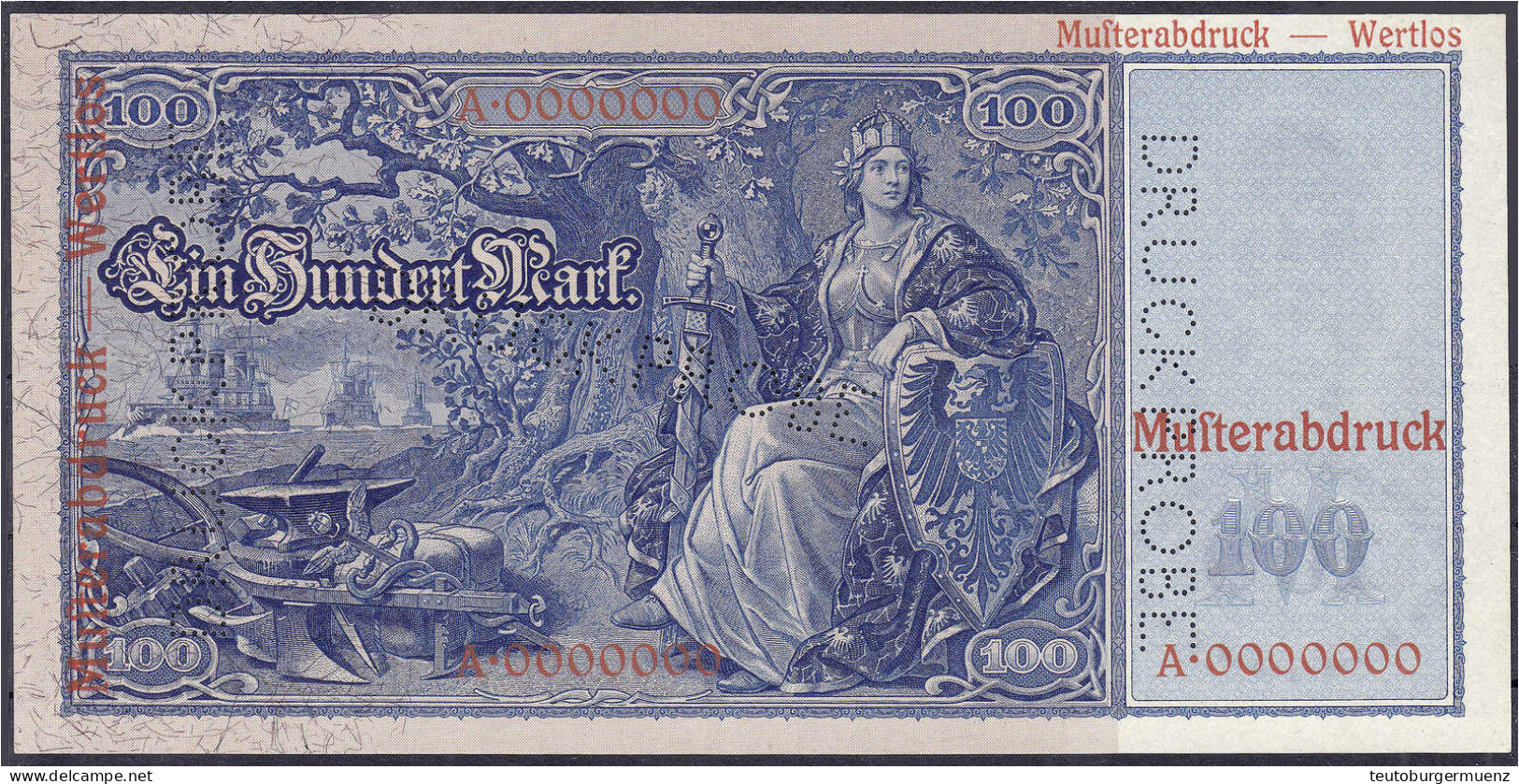 100 Mark (Flottenschein) O.D. (21.4.1910). Einseitiger Probedruck Der Rs. Mit Dreifachem Roten Üdr. „Musterabdruck/Wertl - Altri & Non Classificati