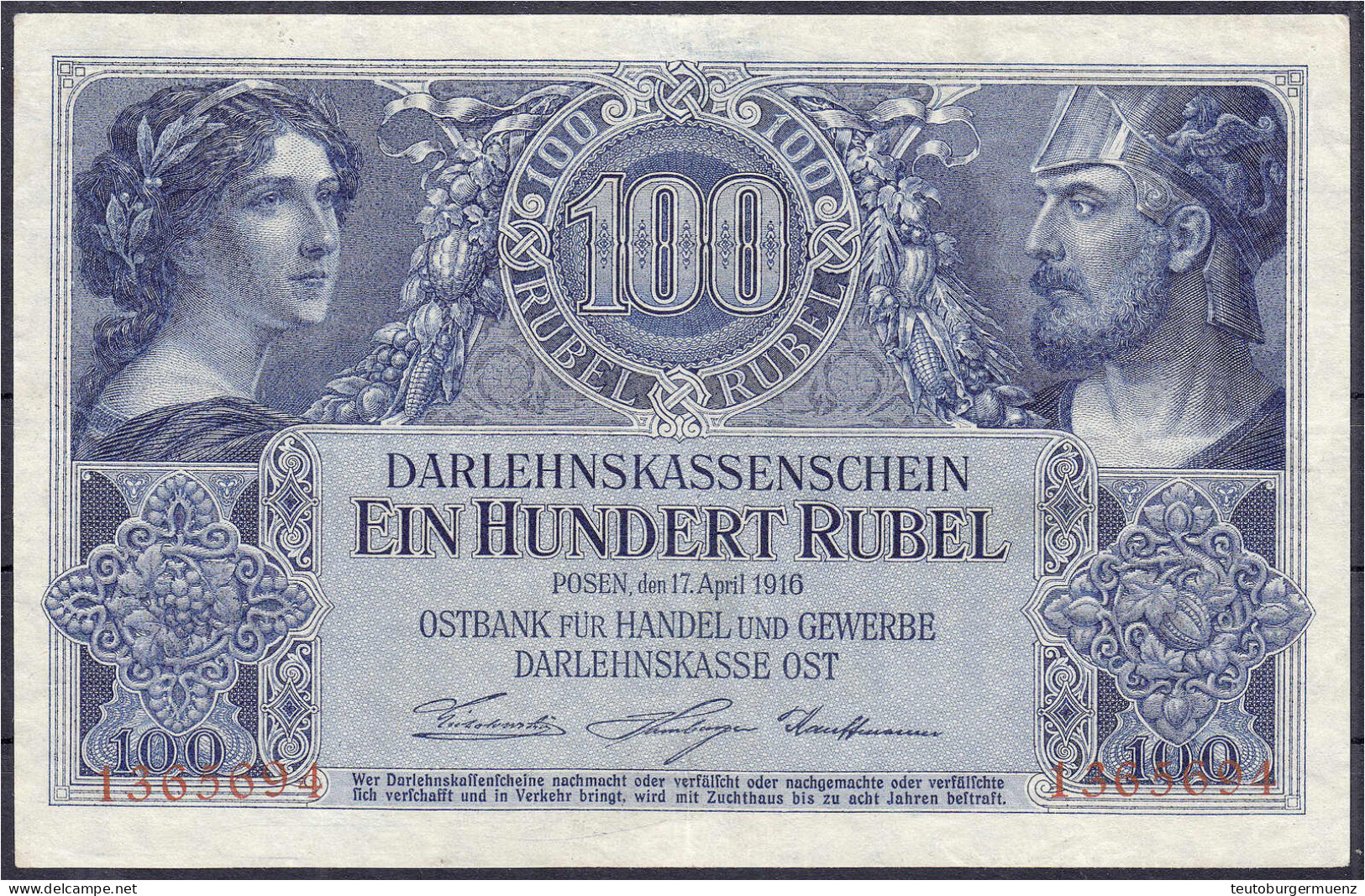 Darlehnskasse Ost Posen, 100 Rubel 17.04.1916. Ostbank Für Handel Und Gewerbe, KN. 7-stellig. III. Rosenberg 463b. Grabo - Sonstige & Ohne Zuordnung