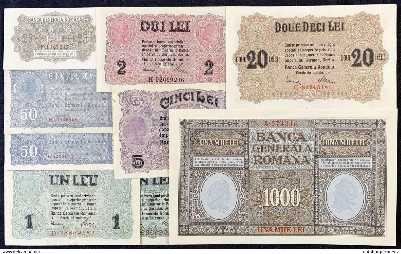 Banca Generala Romana, 9 Scheine Von 25 Bani Bis 1000 Lei O.D. (1917-1920). II+ Bis III. Rosenberg 472, 473, 474, 475, 4 - Sonstige & Ohne Zuordnung