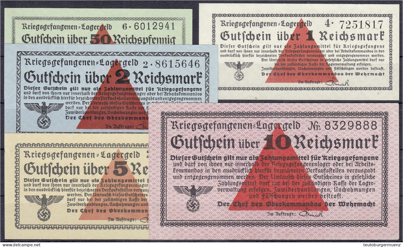 5 Scheine Zu 50 Reichspfg., 1, 2, 5 U. 10 Reichsmark O.D. (09/1939 - 30.9.1944). Der Chef Des Oberkommandos Der Wehrmach - Other & Unclassified