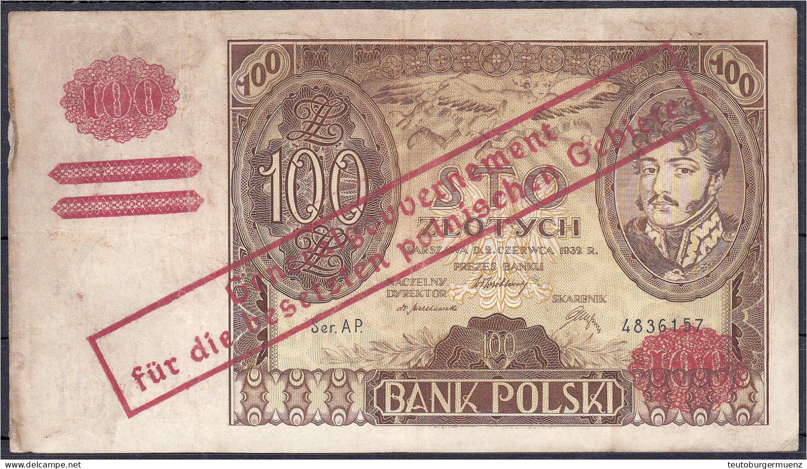 Generalgouvernement Polen, Behelfsausgabe 100 Zlotych 1940. 100 Zlotych 2.6.1932 Mit Rotem Überdruck. III- Bis IV+ Rosen - Sonstige & Ohne Zuordnung