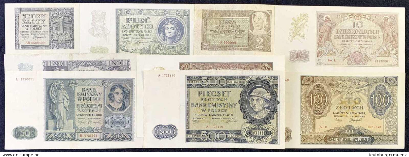 Generalgouvernement Polen, Emissionsbank, 9 Scheine Zu 2 Zlote, 10, 20, 100, 500 Zlotych 1.3.1940 Und Zu 1 Zloty, 5, 50  - Autres & Non Classés