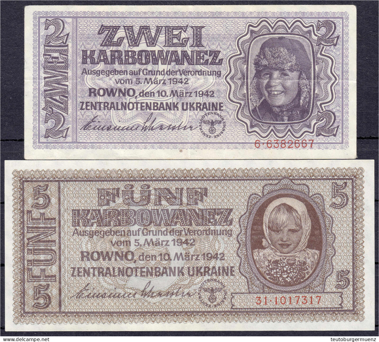 Ukraine, 2 Und 5 Karbowanez 10.3.1942. Junge Mit Pelzmütze, Serie 6 Und Mädchen Mit Kopftuch Serie 31. II- Bis III+ Und  - Otros & Sin Clasificación