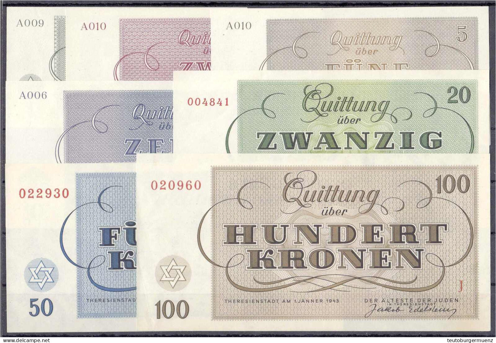 KZ Theresienstadt, Der Älteste Der Juden. 1, 2, 5, 10, 20, 50 Und 100 Kronen. 1.1.1943. Komplette Serie 1943. I Bis II.  - Sonstige & Ohne Zuordnung