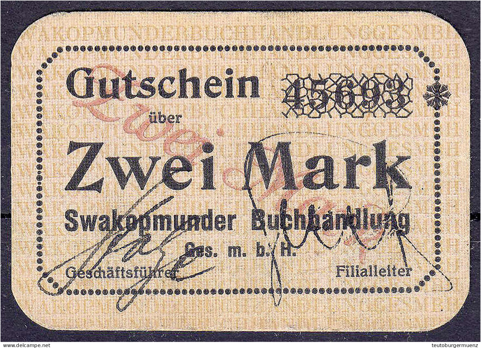 Swakopmunder Buchhandlung: 2 Mark Gutschein O.Datum (1916). 1. Auflage. KN 5-stellig Mit Stern. I-, äußerst Selten. Rose - Otros & Sin Clasificación