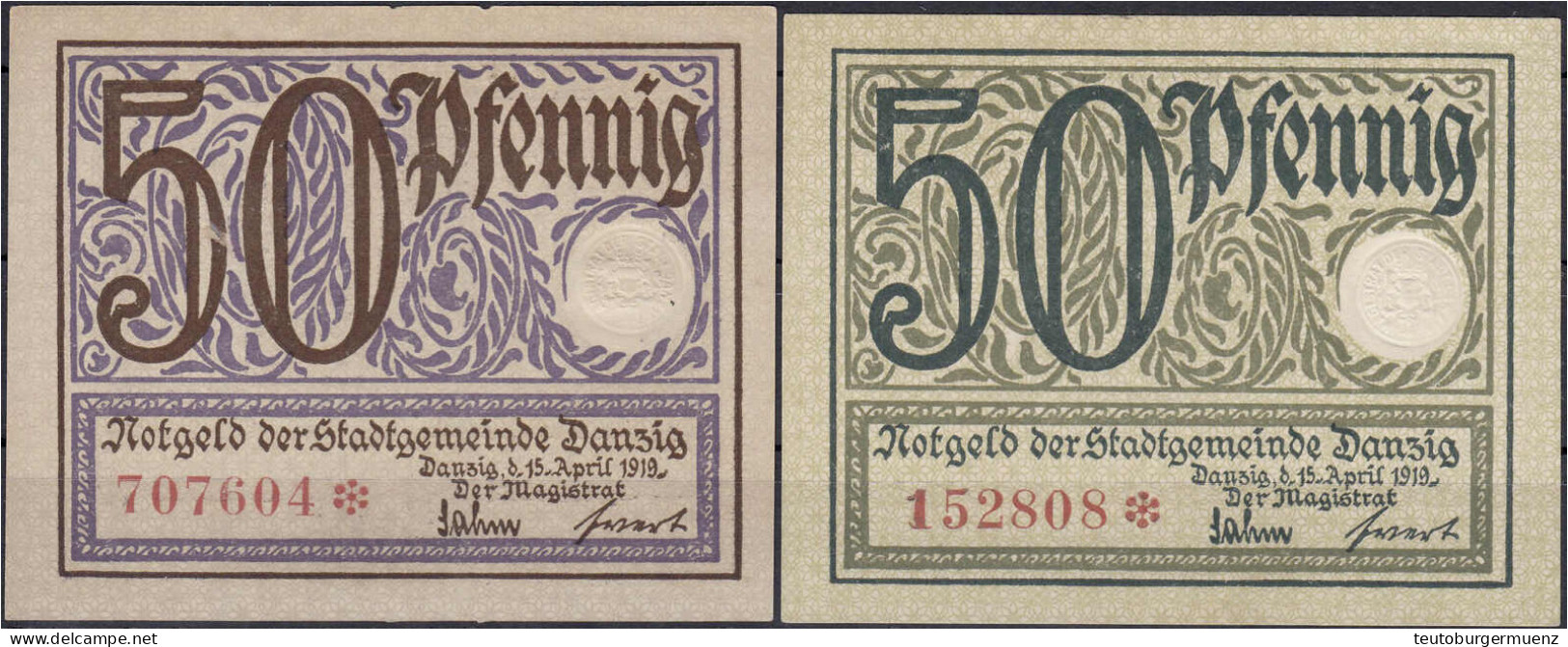 Stadtgemeinde 2x 50 Pfg. 15.4.1919. Violett Und Oliv-grün. II. Rosenberg 790 U. 791. Pick 11 U. 12. - Sonstige & Ohne Zuordnung