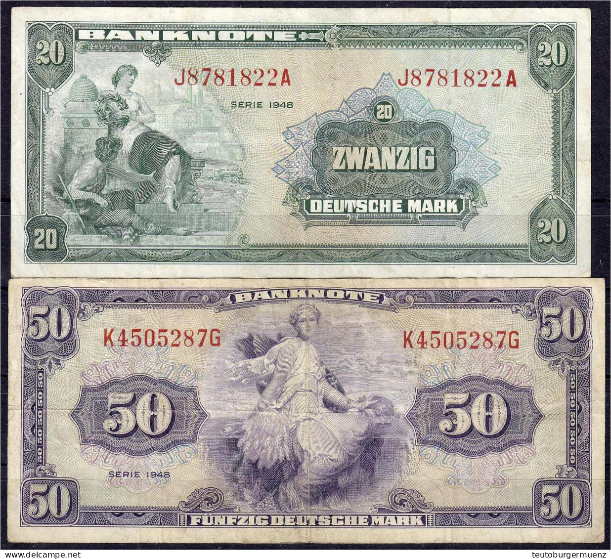 20 U. 50 Deutsche Mark 1948. Serie J/A U. K/G. III. Rosenberg 240,242. Grabowski. WBZ-6,7. - Other & Unclassified