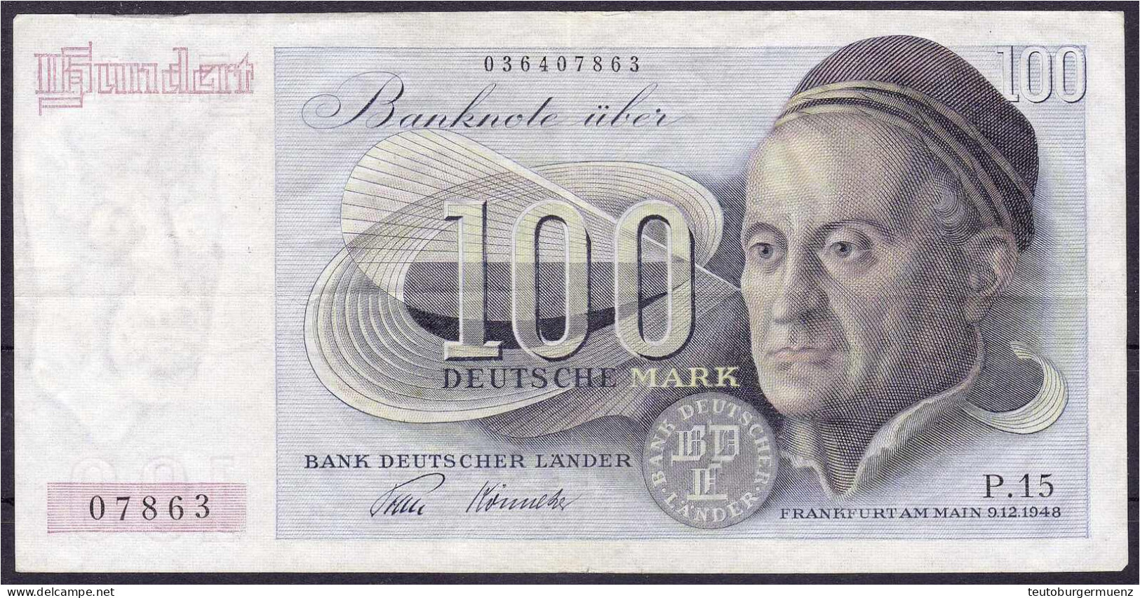100 Deutsche Mark 9.12.1948, Franzosenschein. 2-stellige Blockziffer. III, Kl. Einrisse. Rosenberg 256. Grabowski. BRD-3 - Other & Unclassified