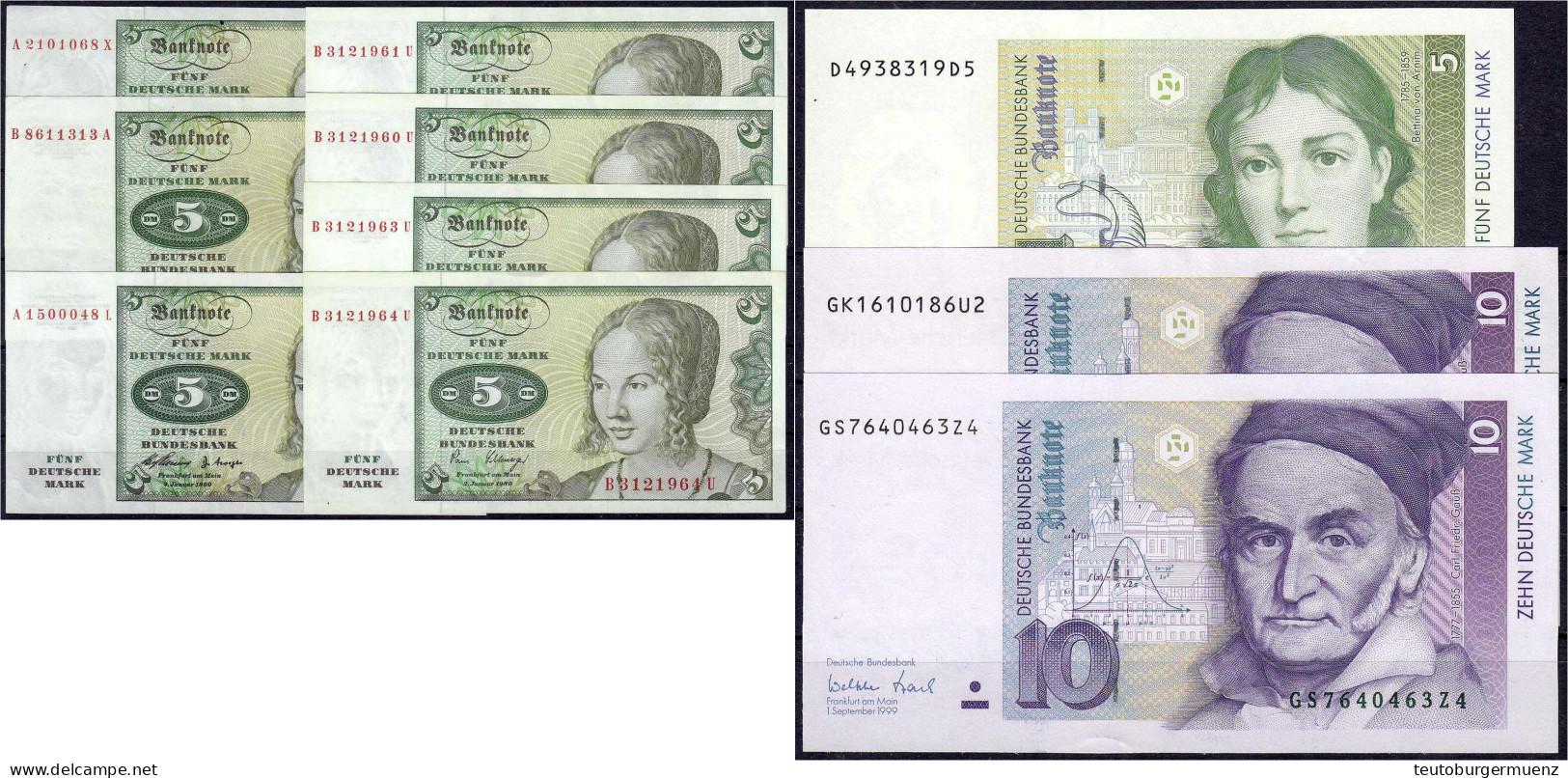 10 Scheine Zu 8x 5 Deutsche Mark Und 2x 10 Deutsche Mark 1960 - 1999. II-III. Rosenberg 262, 285, 296, 303, 312. - Sonstige & Ohne Zuordnung