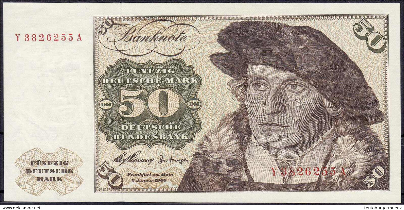 50 Deutsche Mark Austauschnote 2.1.1960. Serie Y/A, KN Nicht UV-aktiv Und Ohne Fasereinlage. I, Selten. Rosenberg 265d.  - Autres & Non Classés