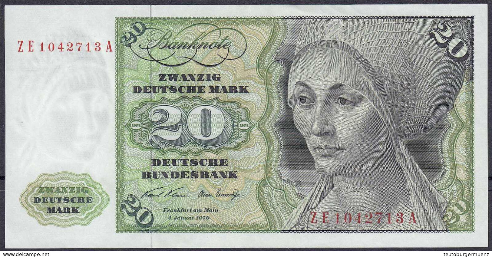 20 Deutsche Mark Austauschnote 2.1.1970. Serie ZE/A. II, Sehr Selten. Rosenberg 271d. Grabowski. BRD-15d. - Sonstige & Ohne Zuordnung